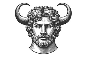 Horned Man Beard Engraving Vector