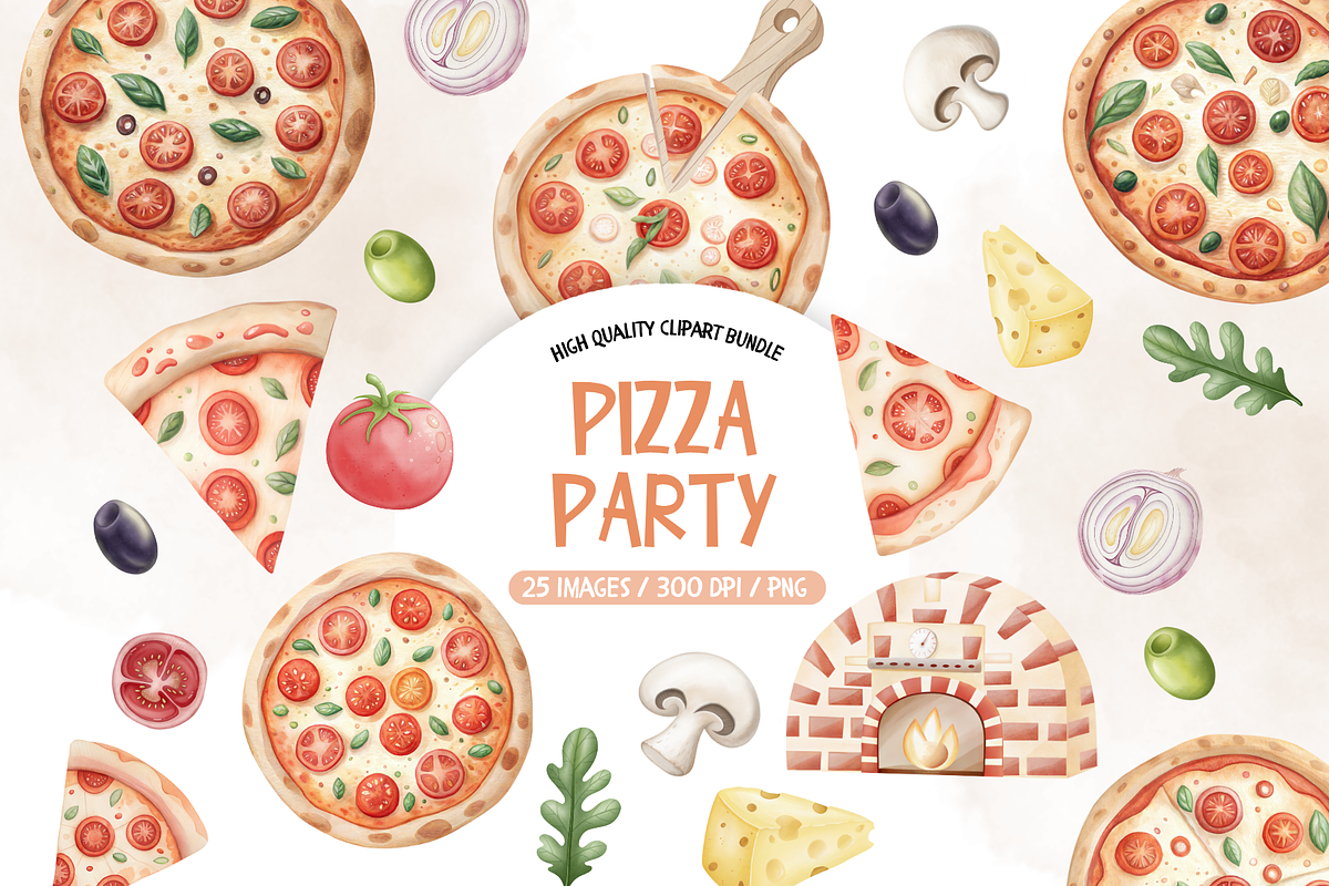 Pizza Party Clipart, Italian Food, an Illustration by TatiMockup (Photo 1 of 5)