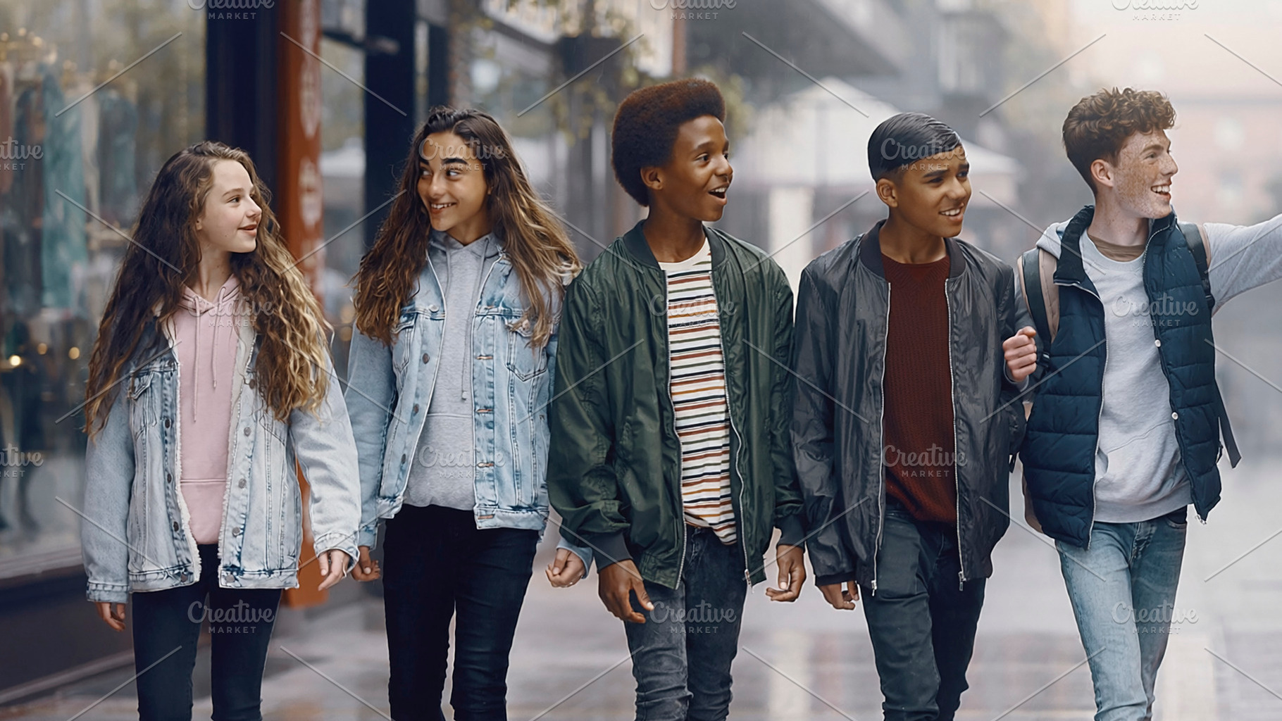 Group of five teenager walking on wet street, a Photo by DanFLCreativo