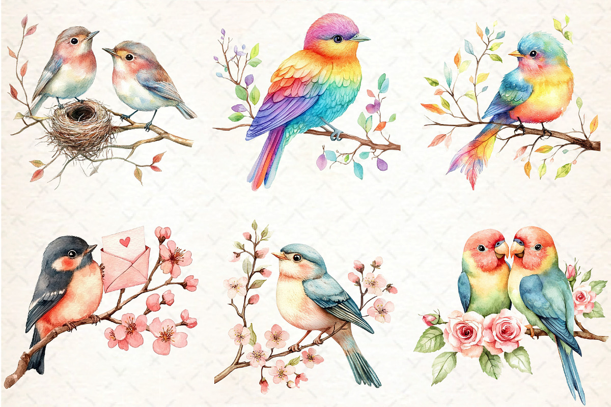 Cute Birds on Branch Clipart, an Illustration by DreamCafeArt (Photo 2 of 9)