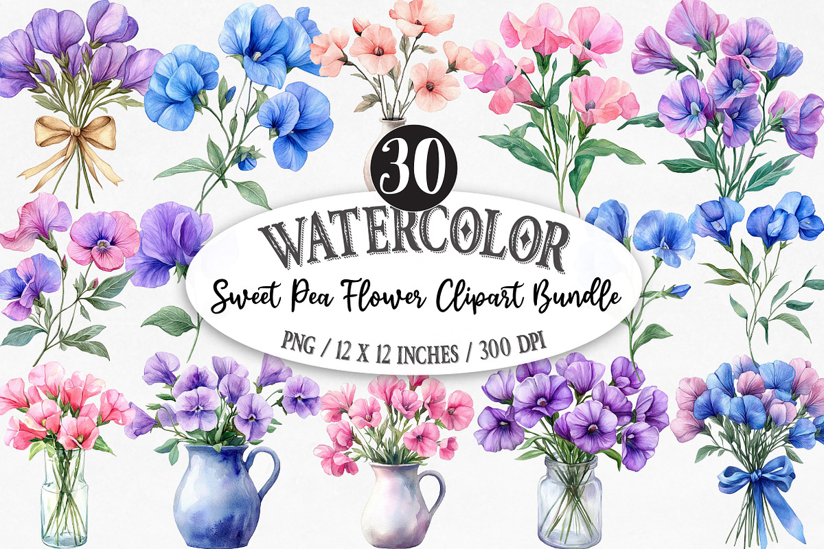 Sweet Pea Flower Clipart Bundle, an Illustration by Designking (Photo 1 of 5)