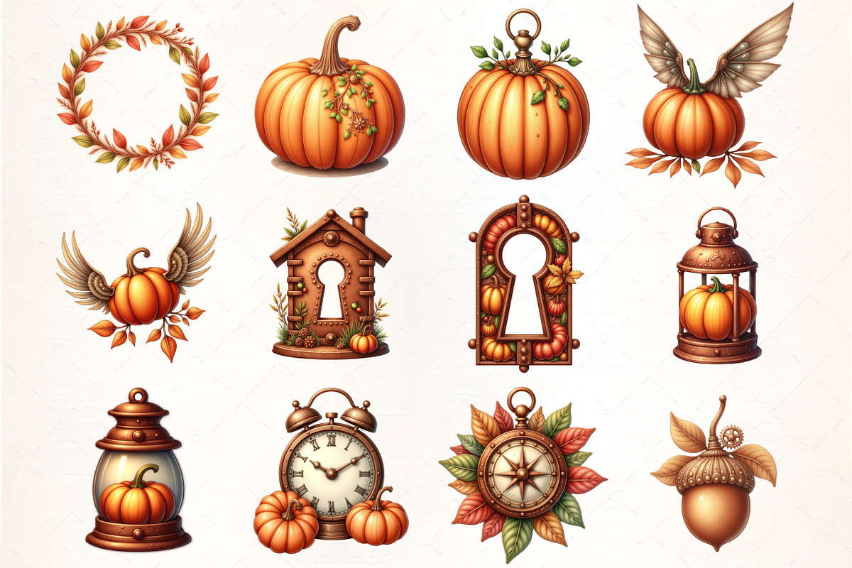 Watercolor Steampunk Autumn Clipart, an Illustration by CrexoraLab (Photo 1 of 5)