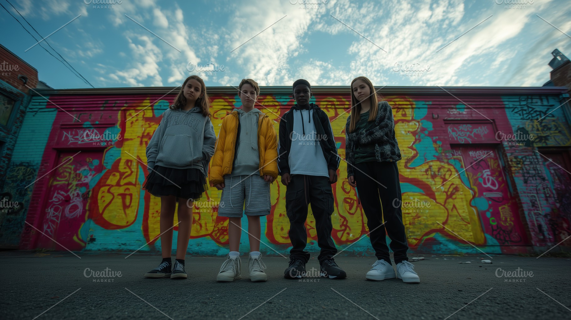 Four children standing confidently in front of a vibrant graffiti wall. They we, a Person Photo by Textures & Backgrounds