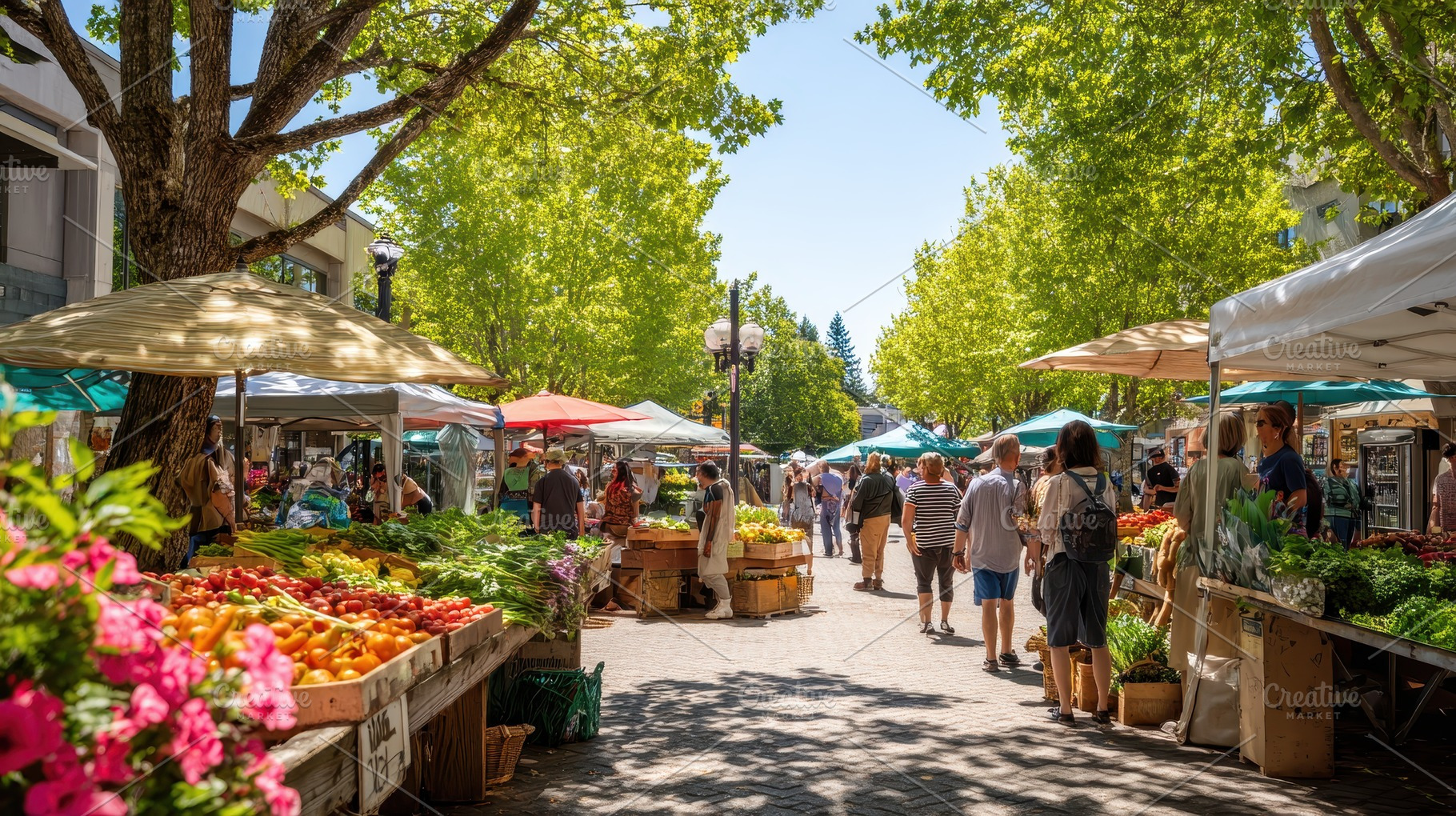 Vibrant farmers market bustling, a Photo by Pavel_design