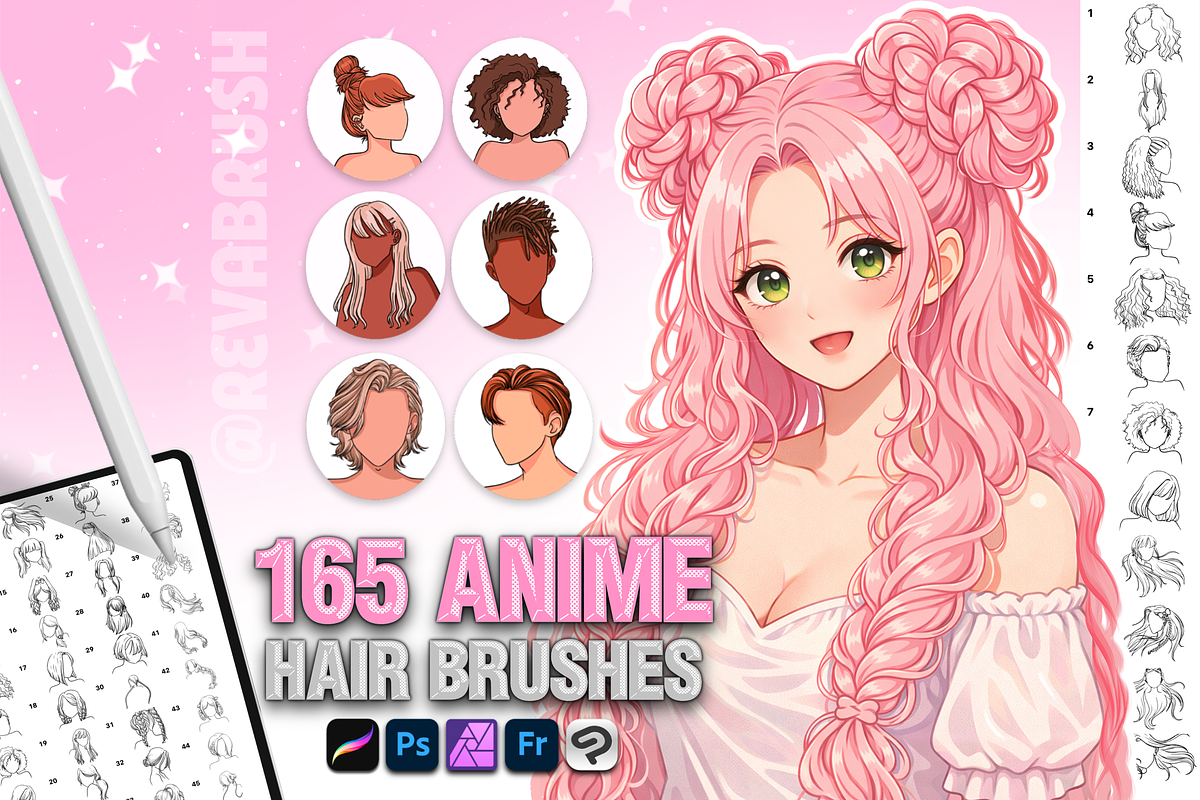 Procreate Anime Hair Manga brushes, a Brush Add-On by Revabrush (Photo 1 of 5)