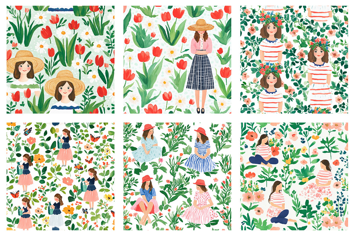 Garden spring girls seamless pattern, an Illustration by SinaCreation (Photo 2 of 6)