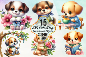 3D Watercolor Cute Dogs Clipart Bund, an Animal Illustration by Craft Nest
