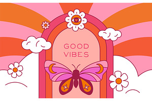 Psychedelic hippie card. Good vibes, an Illustration by Vectorbuum
