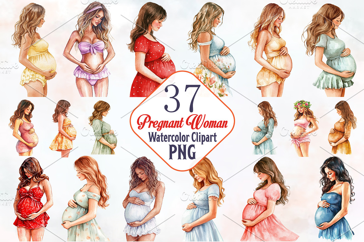 Pregnant Woman Watercolor Clipart, an Illustration by RobertsArt (Photo 1 of 7)