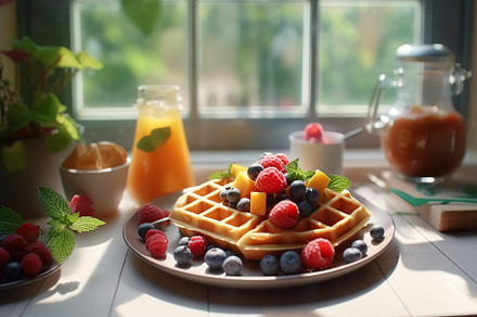 Homemade waffles with berries on wooden table. Generative AI, a Food & Drink Photo by AlyaAnd