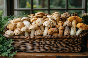 Mushroom basket filled with various, a Photo by Tanuart