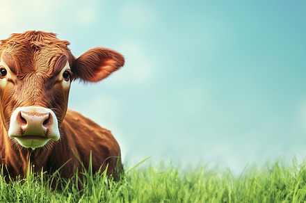 Brown cow lays on a grass banner, an Animal Photo by MistyDay