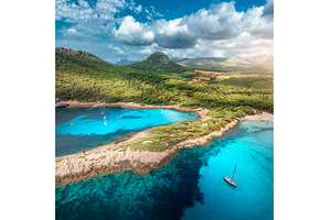 Aerial drone view of boats, rocky, a Nature Photo by den-belitsky
