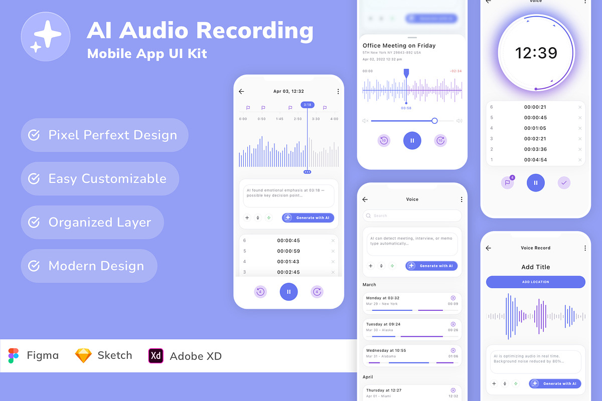 AI Audio Recording Mobile App UI Kit, an UI Kit Template by Betush