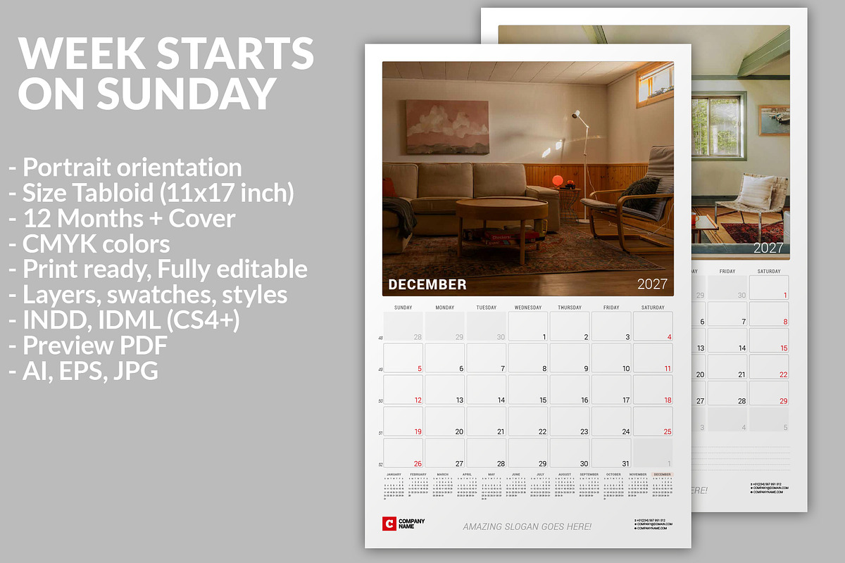 Wall Calendar 2027 (WC030-27), a Stationery Template by mikhailmorosin (Photo 3 of 6)