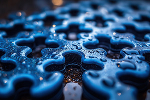 Blue puzzle pieces with water drople, a Photo by Tanuart