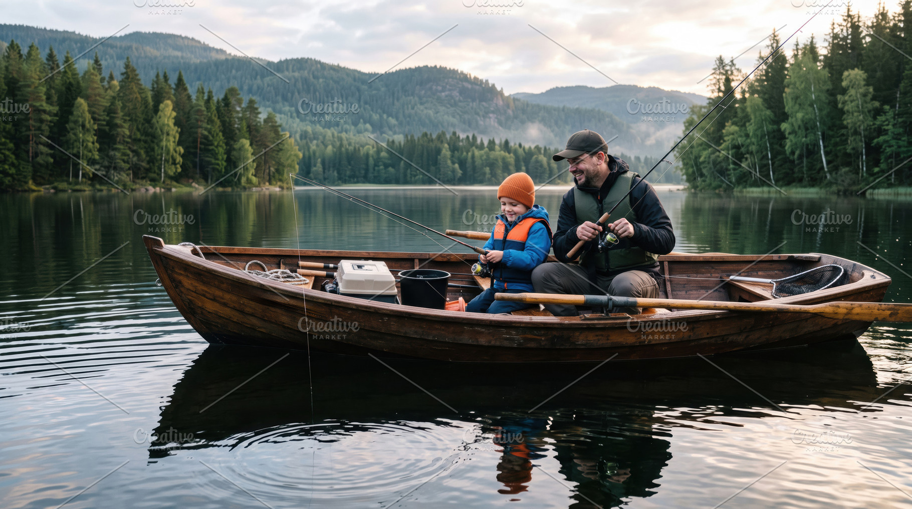Father and Child Fishing on a Mountain Lake, a Sports & Recreation Photo by Davizro's Market