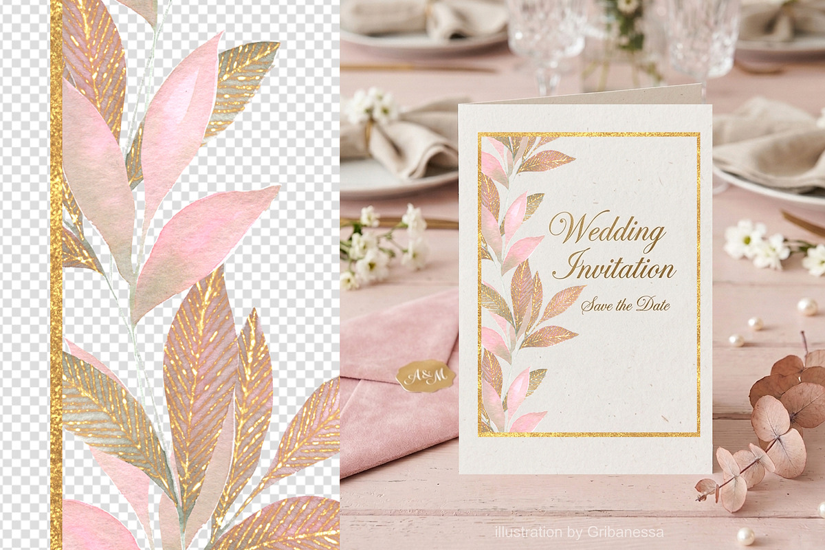 Pink Watercolor Flowers & Gold, a Decorative Illustration by Gribanessa (Photo 2 of 13)