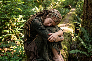 Bohemian Woman Resting on Mossy Log, a Person Photo by Virgo Studio