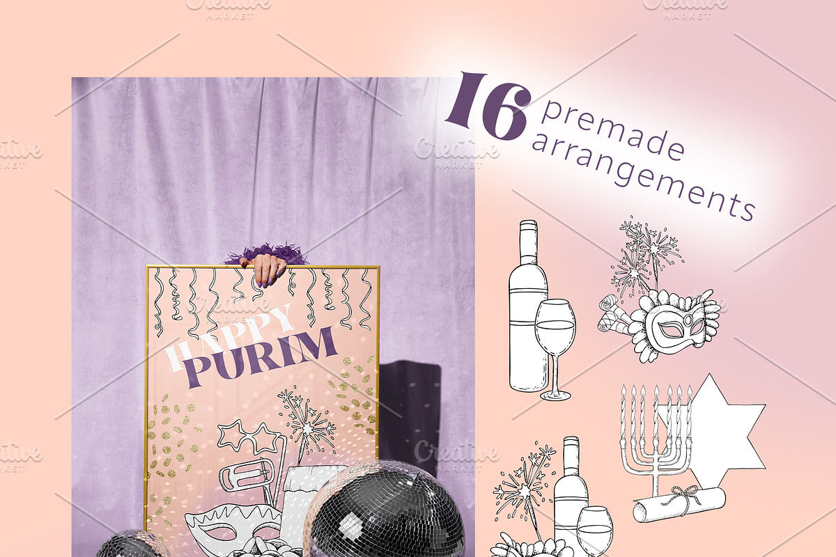 Happy Purim Line Vector Clipart, a Seasonal Illustration by Elena Malgina Clipart (Photo 3 of 8)