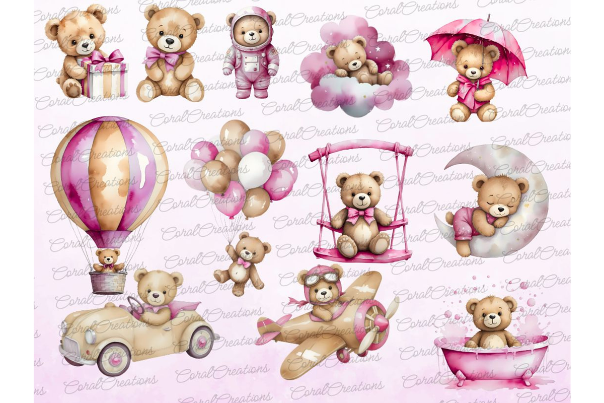 Watercolor Teddy bear clipart pink, a Decorative Illustration by Coral Beauty (Photo 2 of 4)