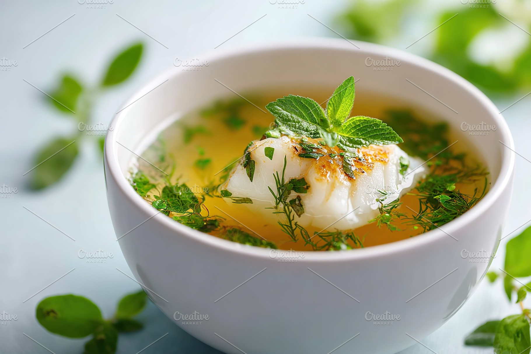 Fresh herb soup with a delicate poached egg and vibrant garnishes on a light ba, a Photo by AlyaAnd
