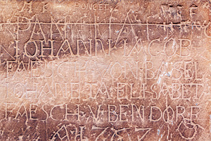 Historic engravings on stone wall of Strasbourg Cathedral, Franc, an Architecture Photo by GoodGoods