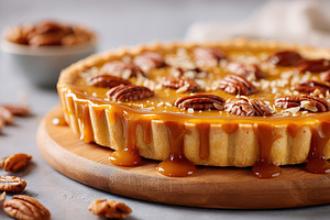 Delicious pecan pie with caramel drizzle on wooden surface at a cozy kitchen, a Photo by AlyaAnd
