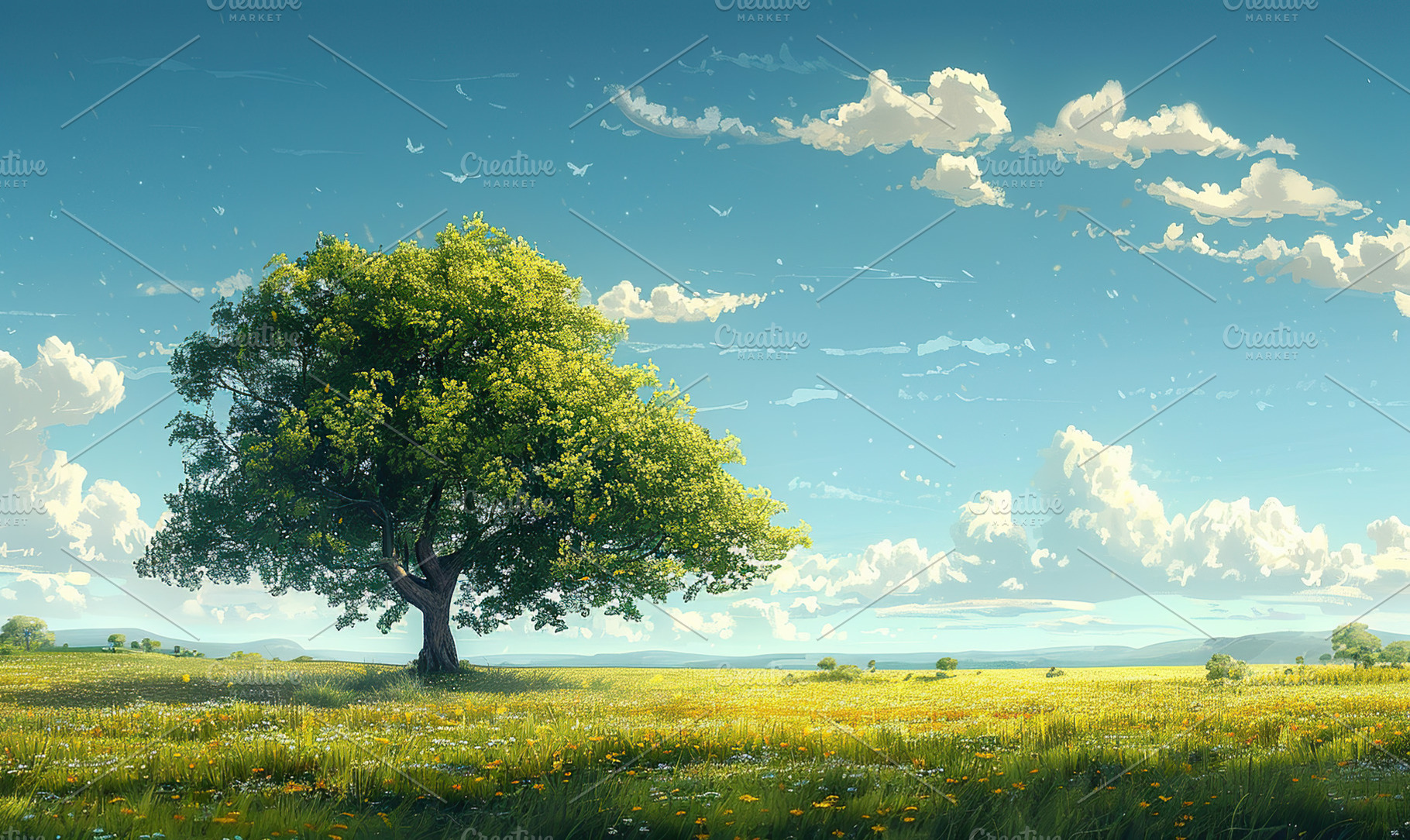Lush green field under blue skies wi, a Photo by LOGOCREATIVE