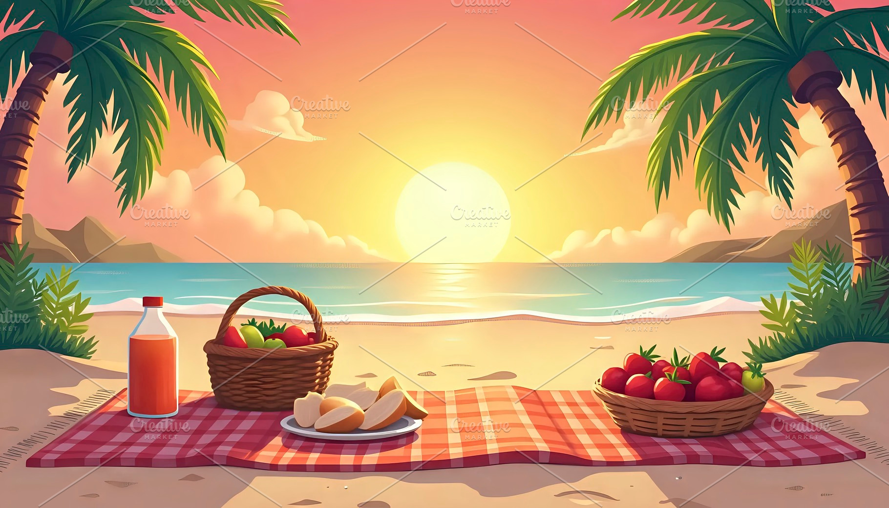 Design a calm sunset picnic scene wi, a Photo by LOGOCREATIVE