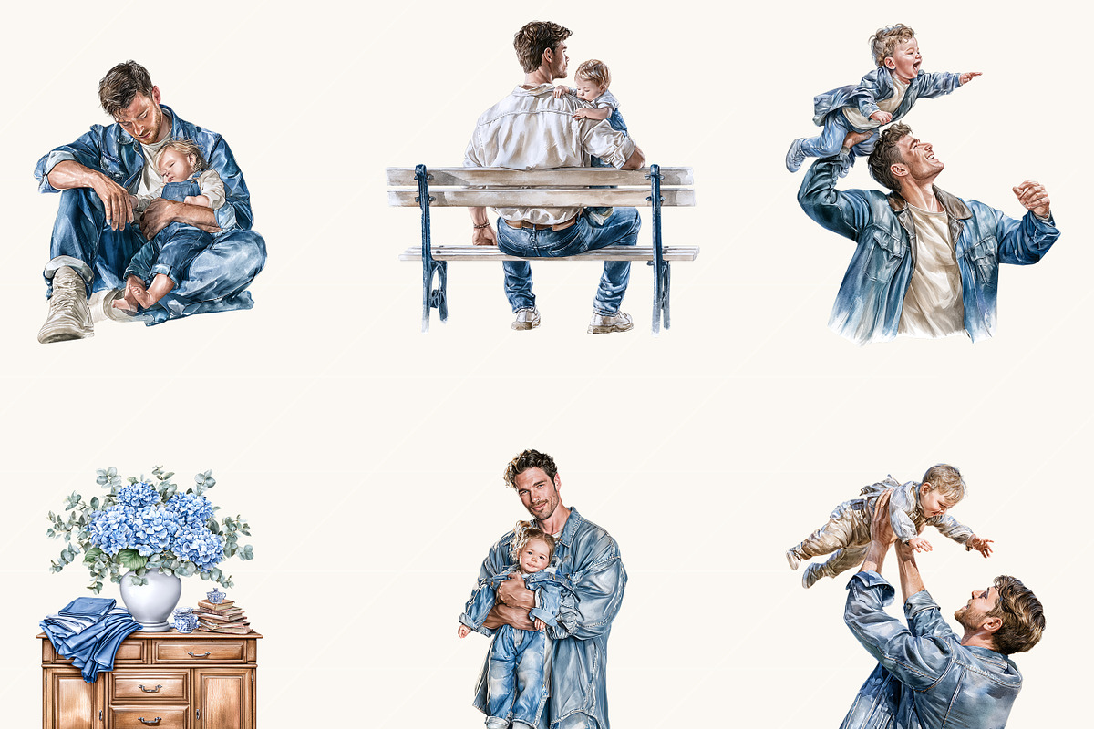 Watercolor Denim Dad & Baby Clipart, a Person Illustration by BusyDaydesign (Photo 6 of 9)