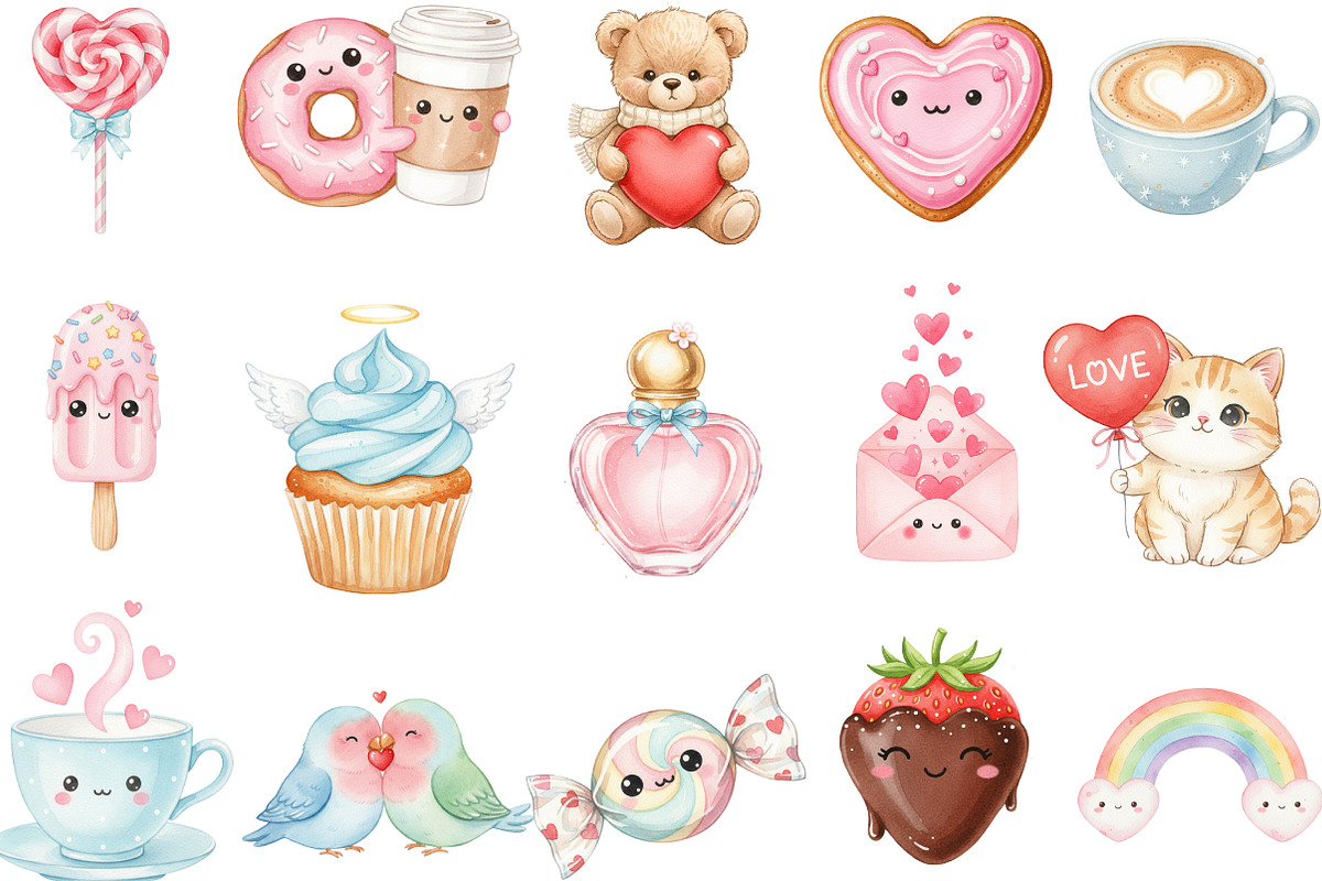 Cute Kawaii Valentine's Day Clipart, an Illustration by Designking (Photo 3 of 5)