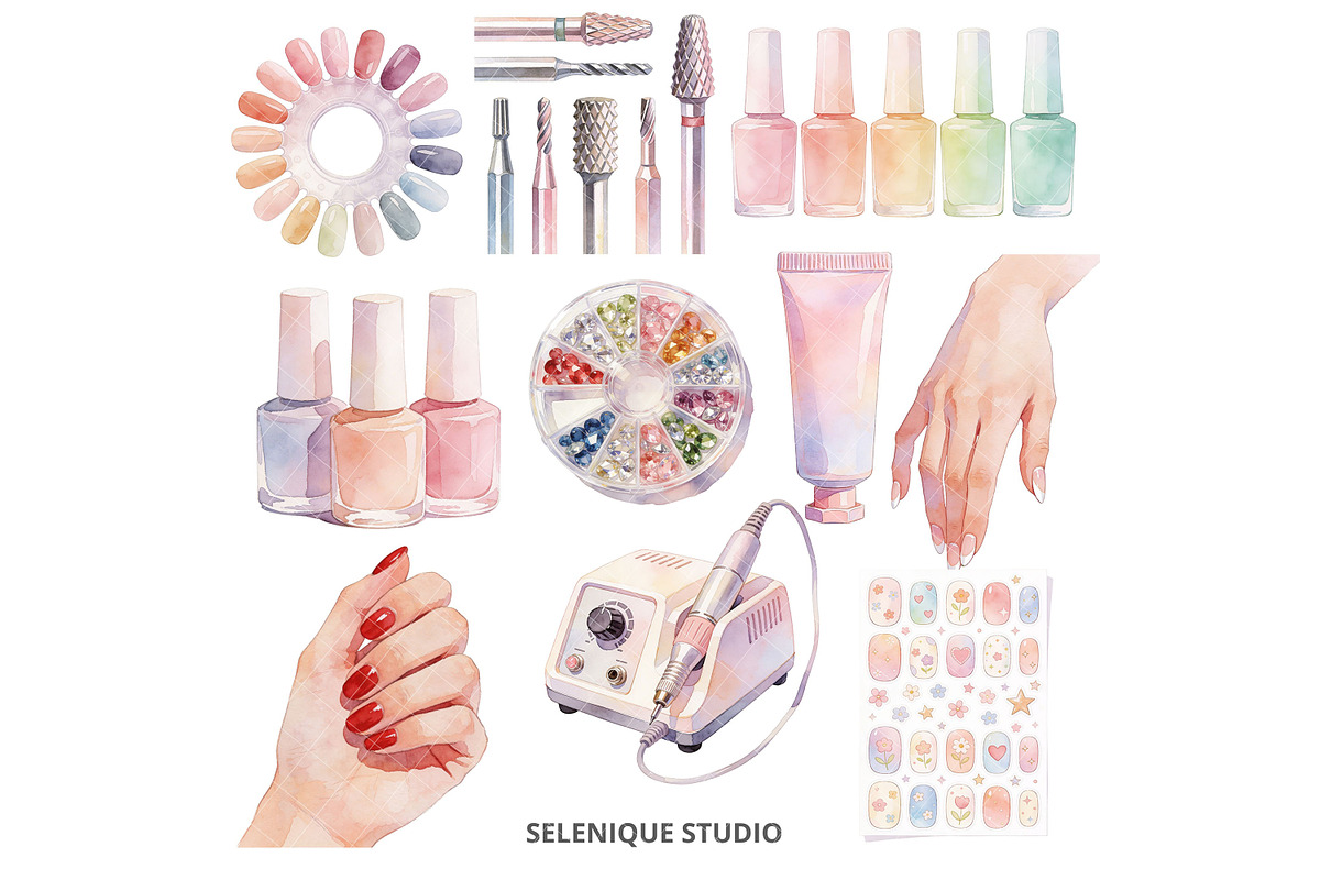 Watercolor Nail Salon Clipart, an Object Illustration by Selenique Studio (Photo 2 of 9)