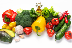 Fresh vegetables and olive oil for healthy eating, a Food & Drink Photo by Olena Rudo