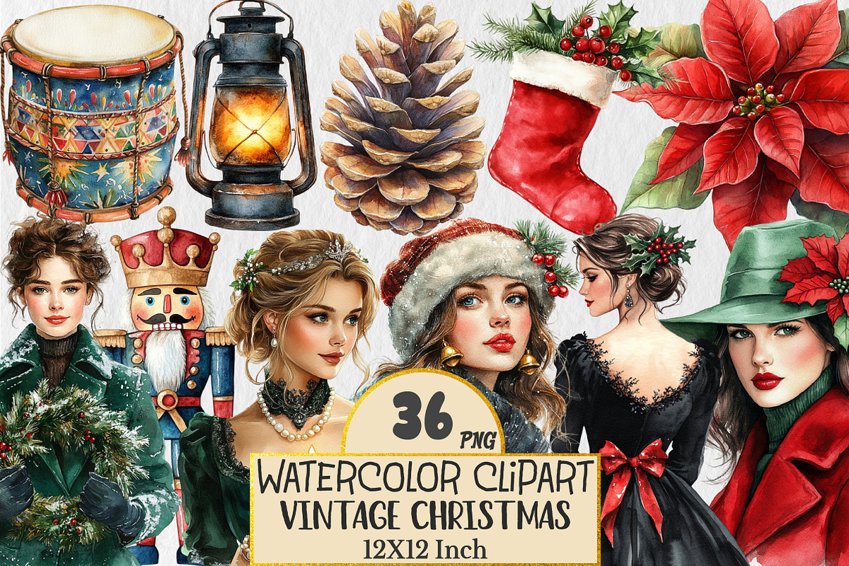 Watercolor Vintage Christmas Element, a Seasonal Illustration by Rose Art (Photo 1 of 4)