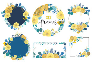 BLUE Flower-Leaves Hand Drawn Vector