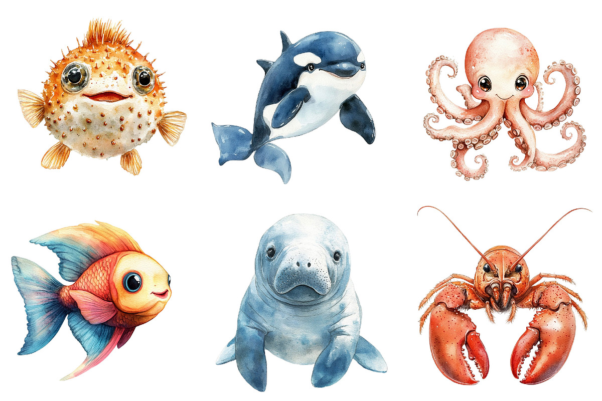 Adorable Ocean Animals Collection, an Illustration by Pixels.Craft (Photo 2 of 6)