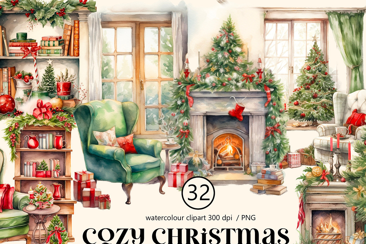 Cozy Christmas watercolour clipart, an Illustration by Hello My Print (Photo 1 of 9)