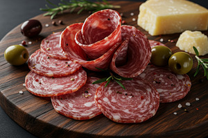 Sliced salami arranged with olives a, a Food & Drink Photo by professorinc
