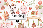 Farm Birthday - Watercolor Clipart, an Animal Illustration by Gau Silva Studio (Thumbnail 1 of 5)