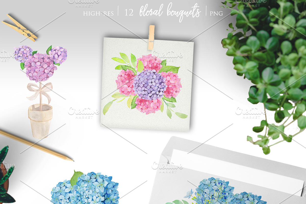 Watercolor Hydrangea Floral Clipart, an Illustration by ColorfulNest (Photo 3 of 7)