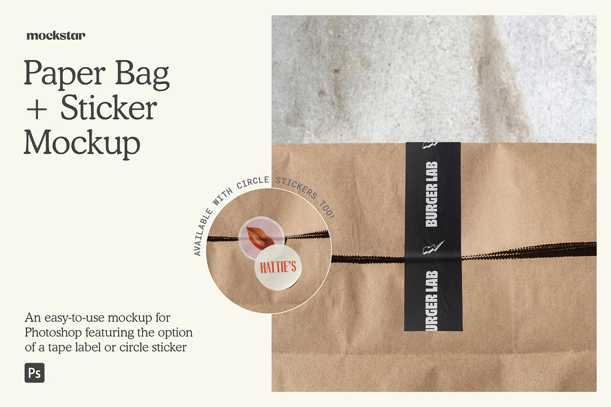 Paper Bag with Sticker Mockup, a Packaging Mockup by mockstar (Photo 1 of 8)