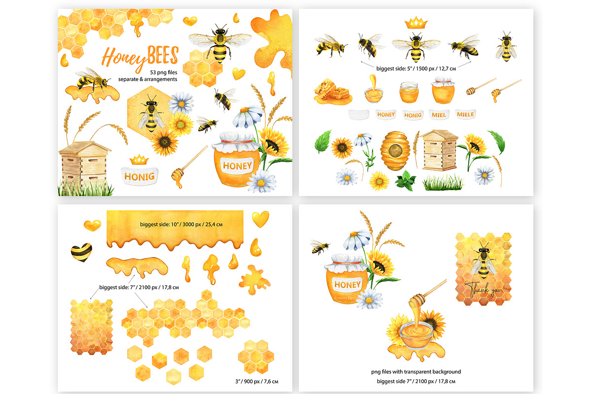 Honey Bee Watercolor Bundle, an Animal Illustration by Lemon design (Photo 2 of 10)