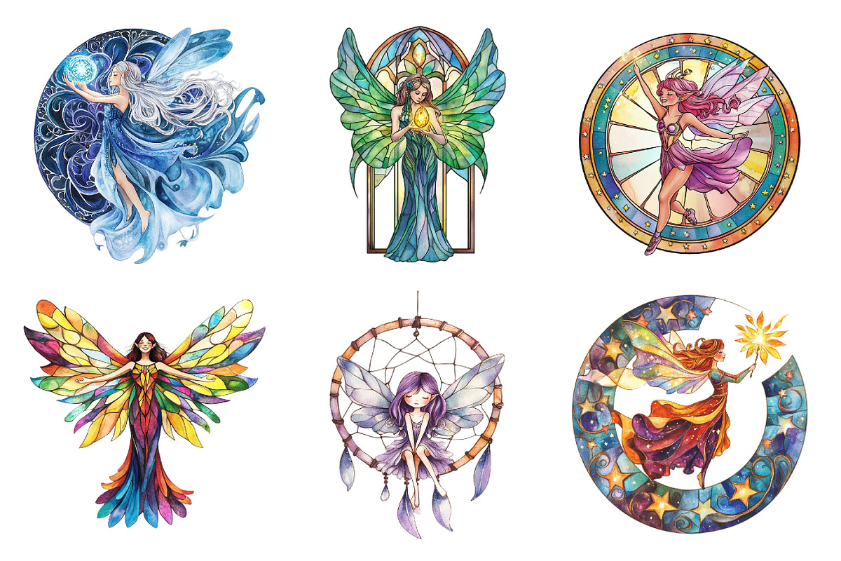 Fairies Stained Glass Watercolor Cli, an Illustration by DreamArtGraphic (Photo 2 of 4)