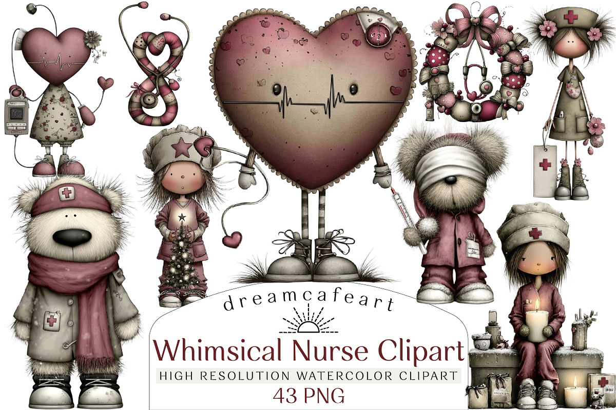 Whimsical Nurse Christmas Clipart, an Illustration by DreamCafeArt (Photo 1 of 8)