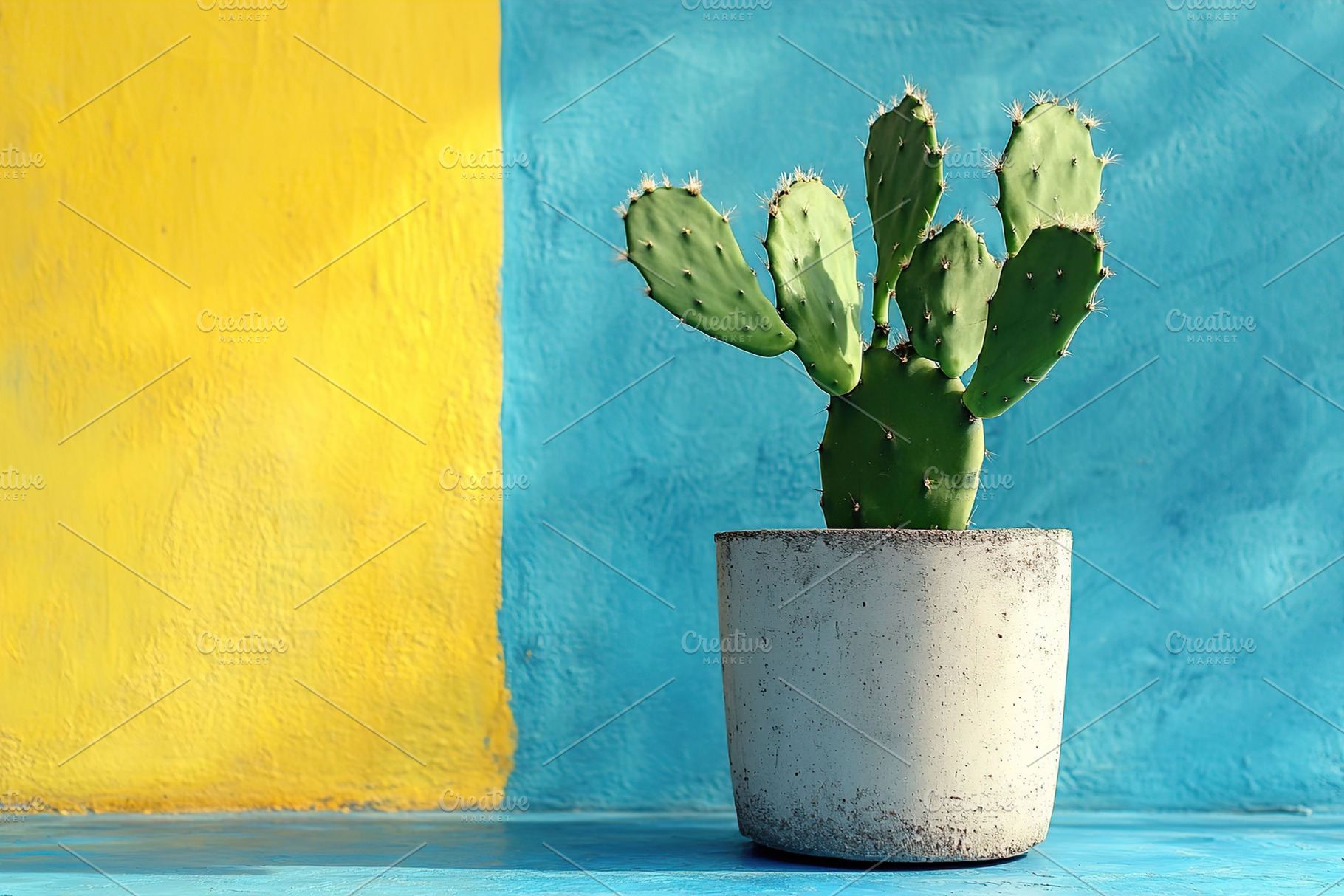 A tall cactus with green pads rises in a cement pot against a vibrant blue and, a Nature Photo by AlyaAnd