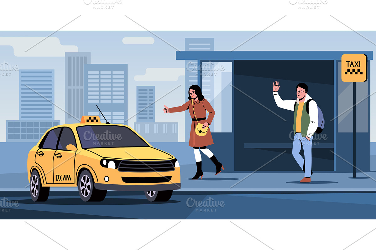 People waiting for taxi. Passengers, a Transportation Illustration by YummyBuum