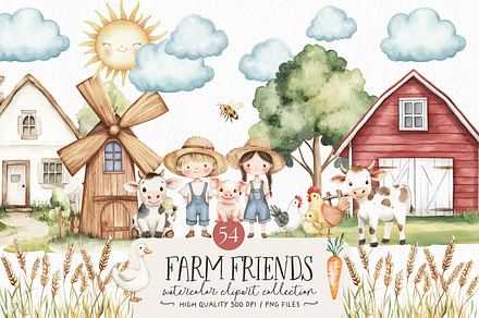 Watercolor Farm Clipart, an Animal Illustration by ClipArtCharm