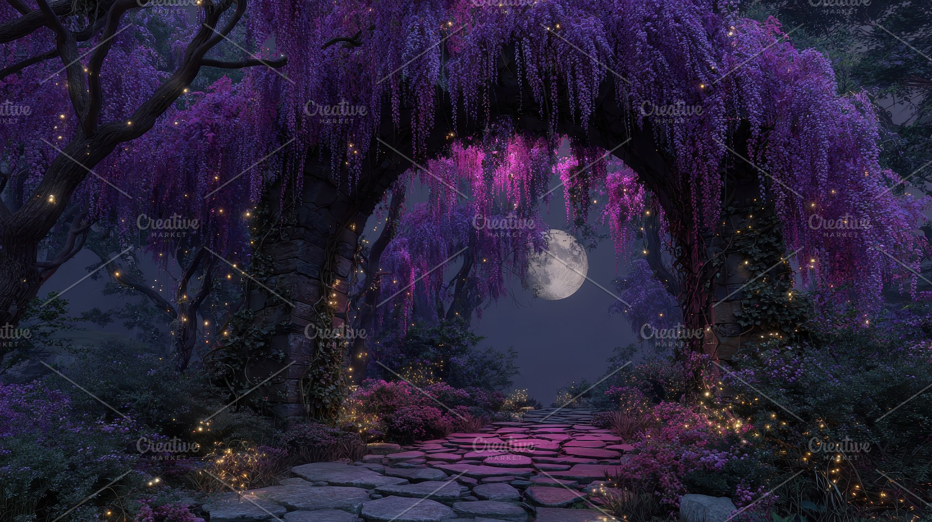 Magical moonlit wisteria archway pat, an Abstract Photo by Pixeness Studio