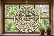 Floral Peacock Round Wooden Ornament, an Object Graphic by Libby Wishes (Thumbnail 1 of 3)